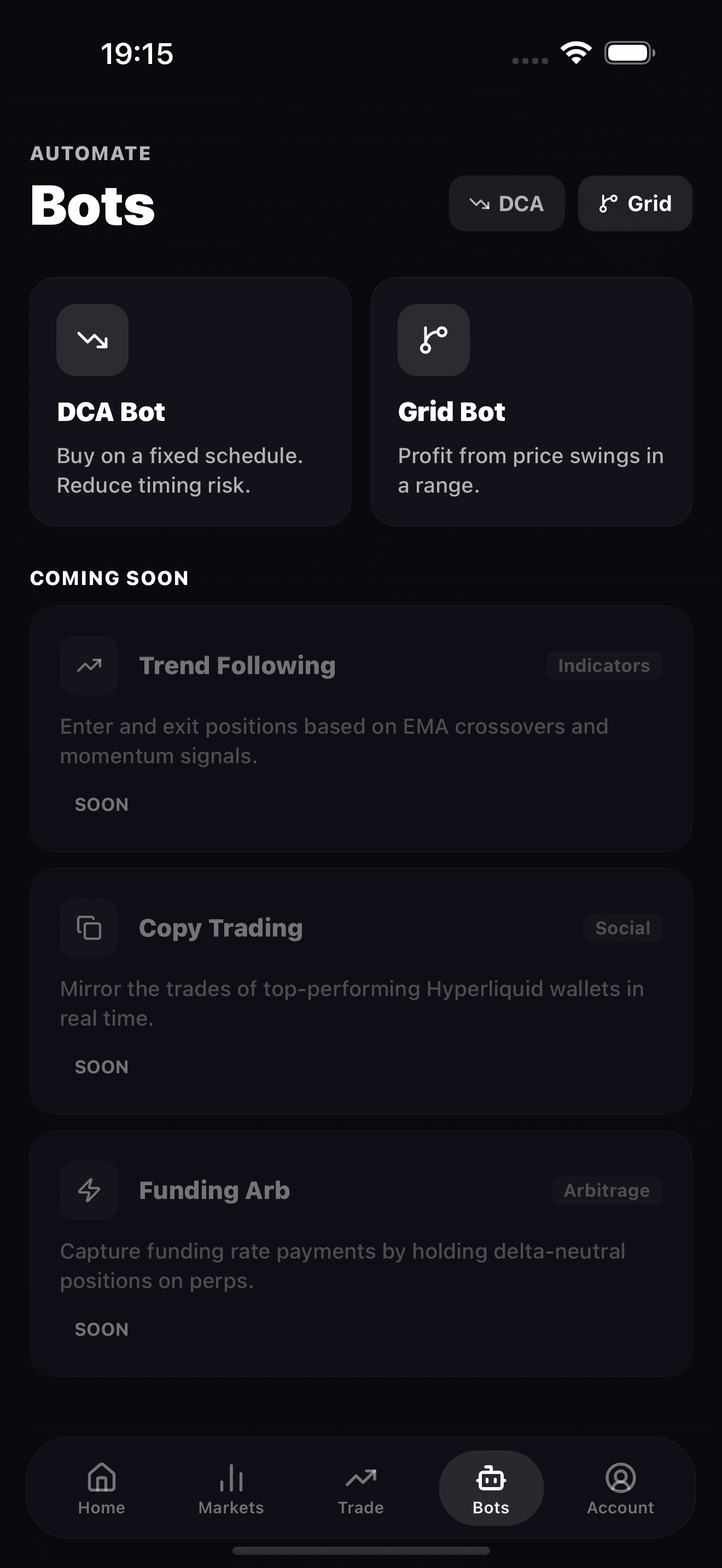 Bots screen with DCA and grid trading strategies