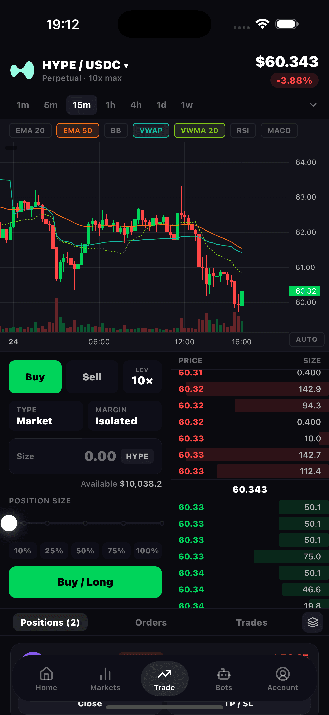 Ultra iOS app showing the same trade screen with candlestick chart and order entry